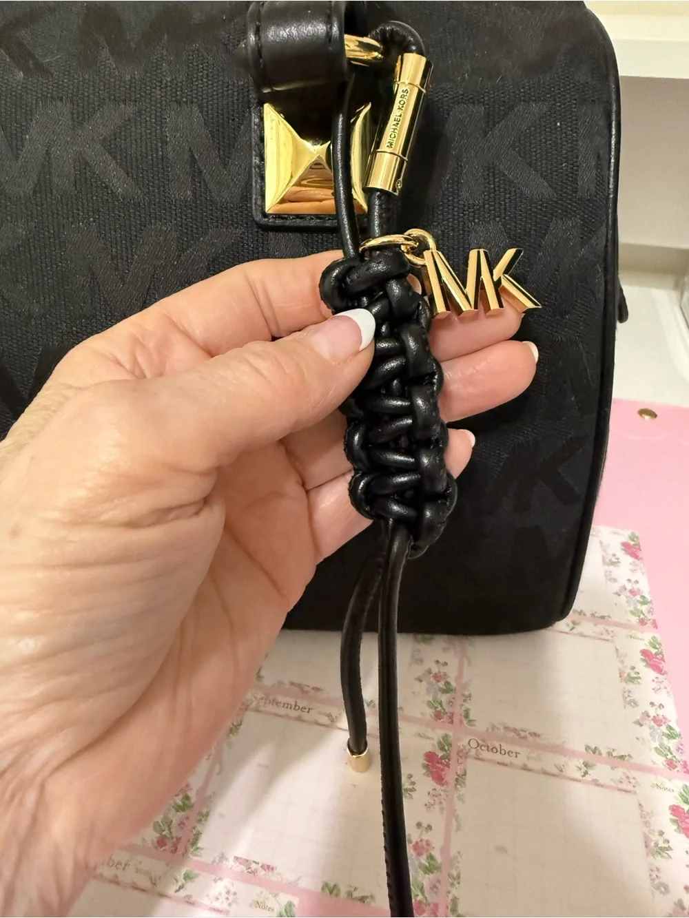Michael Kors Logo-Print Handbag With Leather Handles And Leather Bag Charm.